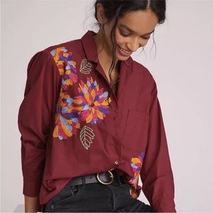 Anthropologie Burgundy Button-Down Shirt with Multicolor Floral Embroidery